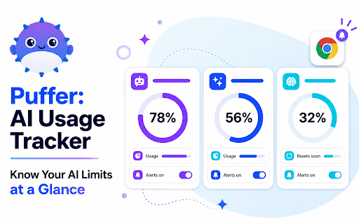 Puffer: AI Usage Tracker · Quota Limits · Rate Limit Monitor · Badge Alerts screenshot