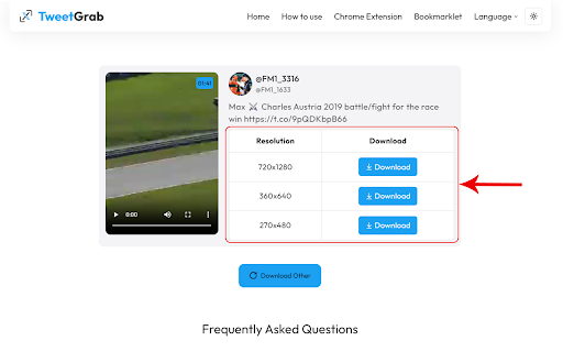 TweetGrab - Save videos from twitter screenshot