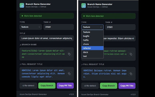 Azure DevOps Branch Name Generator screenshot