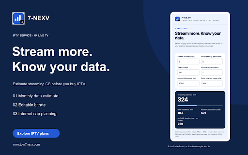 7-NEXV — IPTV Service & 4K Live TV Data Calculator screenshot