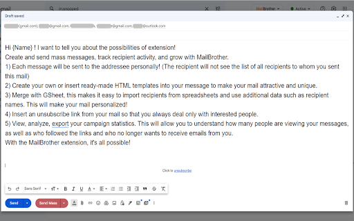 Send Mass Mail + HTML inserter for Gmail screenshot