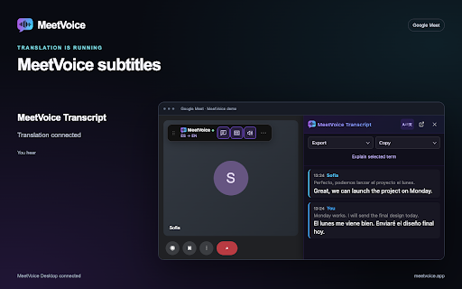 MeetVoice — real-time translation for Google Meet screenshot