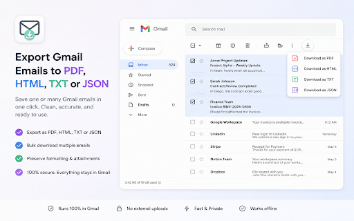 Gmail to PDF: Save Emails as PDF, HTML, TXT screenshot
