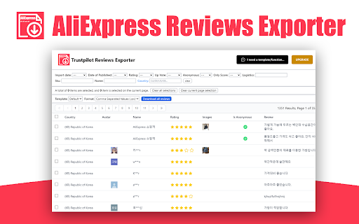 Export reviews from aliexpress screenshot