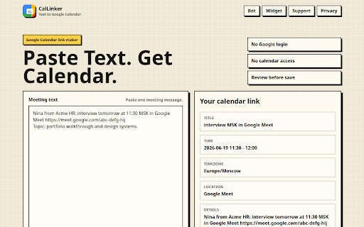Calendar link screenshot