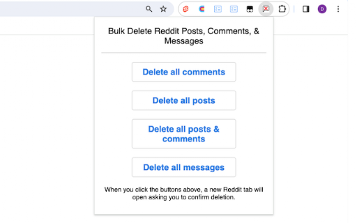 Bulk Delete Reddit Posts & Comments History Extension screenshot