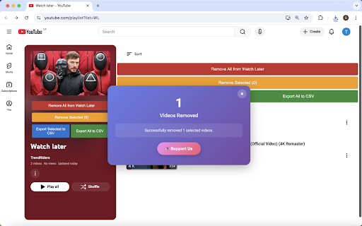 YouTube Watch Later Tool (Export & Remove) screenshot