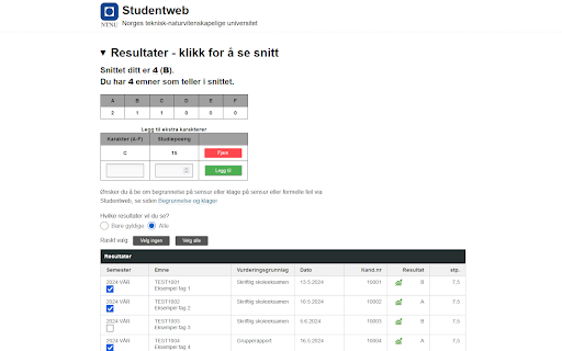 Karaktersnitt for Studentweb screenshot