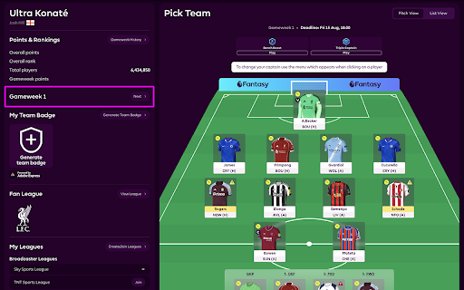 FPL Upcoming Fixtures screenshot