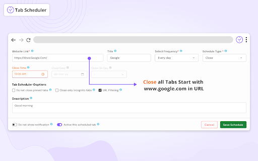 Tab Scheduler with auto open and close screenshot