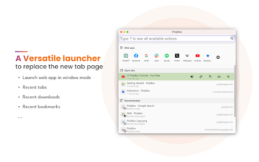 PolyBox - ChatGPT launcher and prompts, search tabs, bookmarks, history screenshot