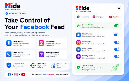Hide Shorts, Reels, Stories & Sponsored – YouTube, Facebook & Instagram screenshot