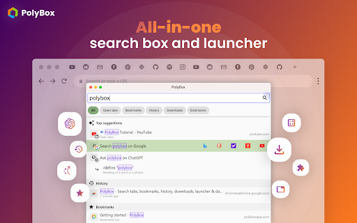 PolyBox - ChatGPT launcher and prompts, search tabs, bookmarks, history screenshot
