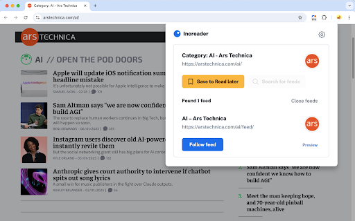 Inoreader: Read-later and RSS extension screenshot