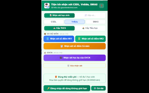 Tiện ích nhận xét CSDL, VnEdu, SMAS — GVĐM screenshot