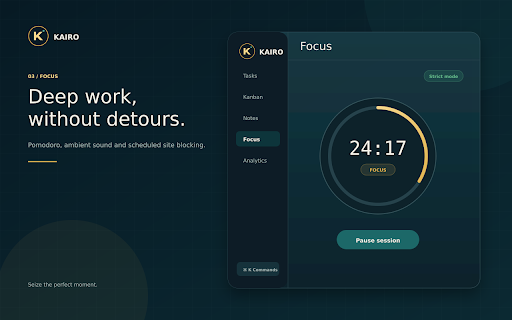 Kairo: Productivity Side Panel — Tasks, Kanban, Focus & Pomodoro screenshot