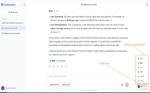 DeepSeek to PDF: Export DeepSeek Chats to PDF, Markdown, JSON screenshot