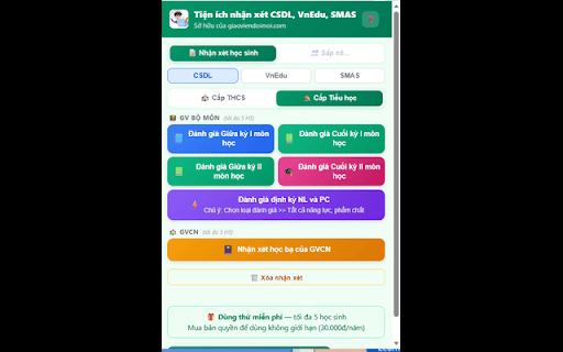 Tiện ích nhận xét CSDL, VnEdu, SMAS — GVĐM screenshot