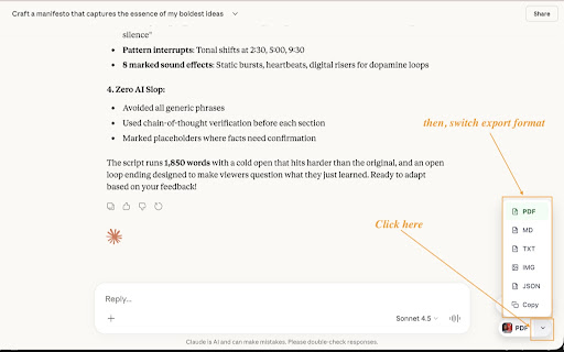Claude to PDF: Export Claude Chats to PDF, Markdown, JSON screenshot