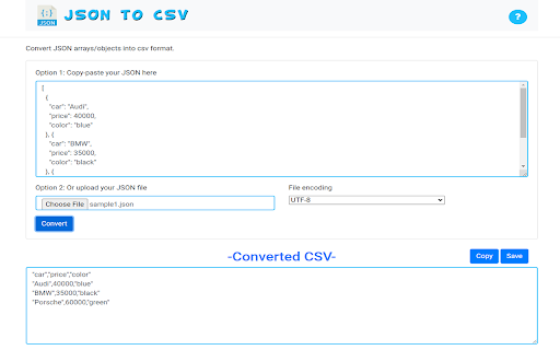 JSON to CSV screenshot
