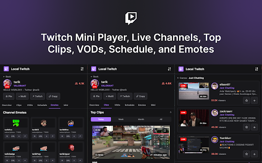 Twitch Mini Player — Multi-Stream, Clips, VODs, Emotes screenshot