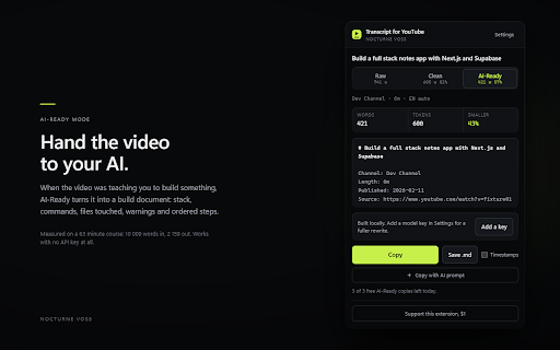Transcript for YouTube: copy, clean, AI-ready text screenshot
