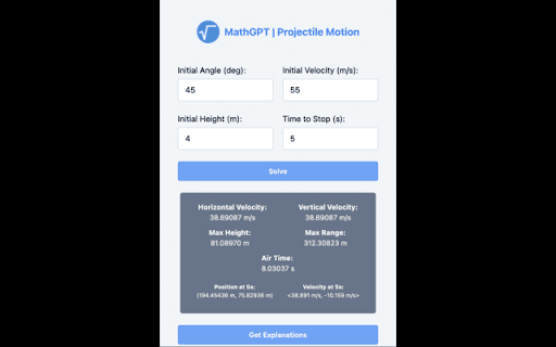 Projectile Motion Calculator and Solver | MathGPT screenshot