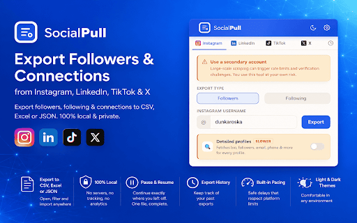 SocialPull — Export Followers to CSV/Excel screenshot