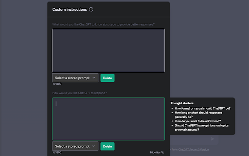 ChatGPT Custom Instructions Storage screenshot