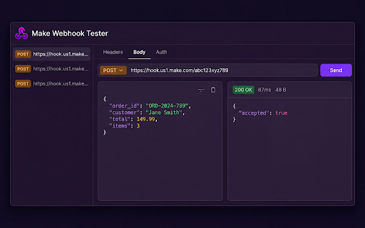 Make (Integromat) Webhook Tester - Debug Automation Workflows screenshot