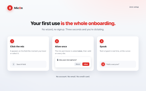 MicOn · Voice typing on every website screenshot