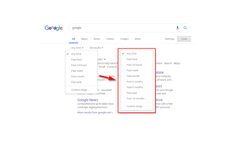 Google Search date range shortcut screenshot