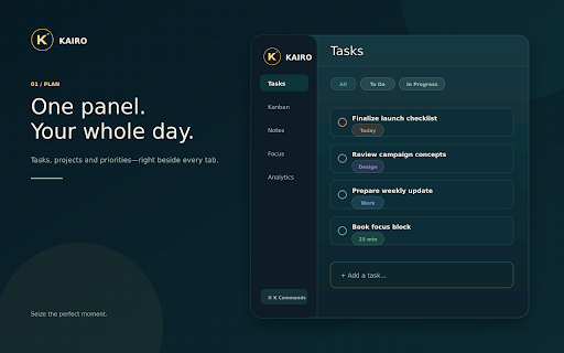 Kairo: Productivity Side Panel — Tasks, Kanban, Focus & Pomodoro screenshot