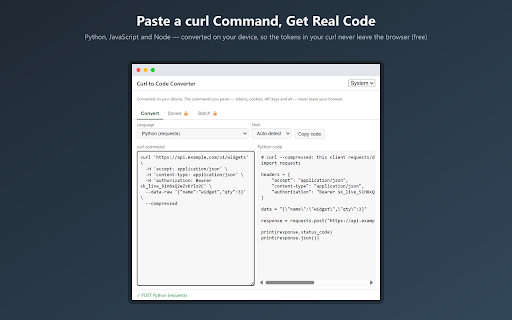 Curl to Code: Python, JS & Node Converter screenshot