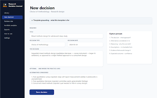 Research Decision Journal screenshot