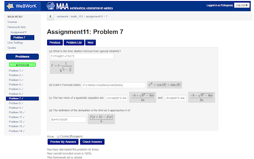 WeBWorK MathView screenshot