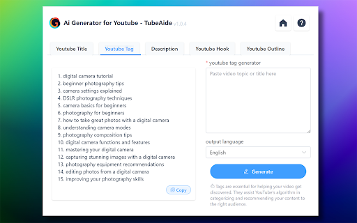 Free AI Tag Generator for Youtube - TubeAide screenshot