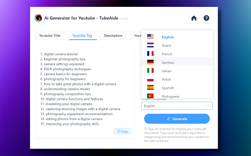 Free AI Tag Generator for Youtube - TubeAide screenshot