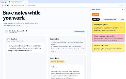Sticky Snippets · Note-it Aside · Customer Service, Sales & IT Support screenshot