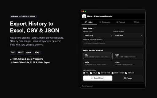 Export History & Bookmarks to JSON/CSV/XLSX/HTML screenshot