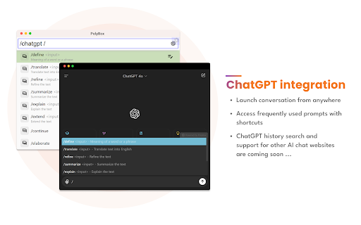 PolyBox - ChatGPT launcher and prompts, search tabs, bookmarks, history screenshot