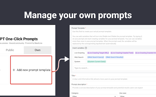 WebChatGPT: Prompt library with web access screenshot