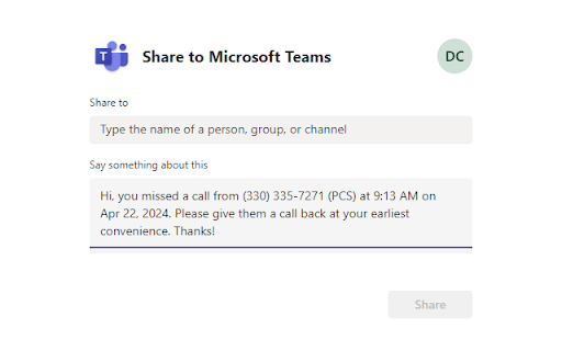 PCS Share 8x8 Call to Teams screenshot