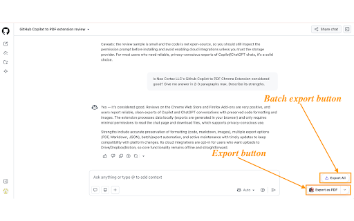 GitHub Copilot to PDF: Export GitHub Copilot Chats to PDF, Markdown, JSON screenshot