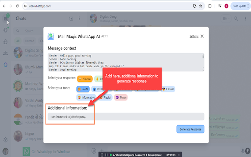 ChatGPT AI for WhatsApp messages by MailMagic screenshot