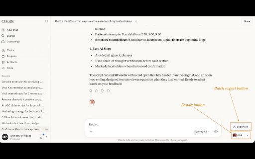 Claude to PDF: Export Claude Chats to PDF, Markdown, JSON screenshot