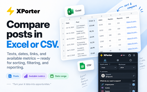 XPorter — Free X/Twitter Export: Posts, Followers · CSV/JSON/XLSX screenshot
