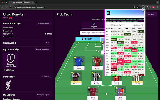 FPL Upcoming Fixtures screenshot