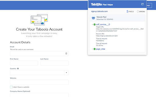 Taboola Pixel Helper screenshot