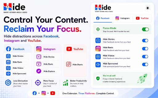 Hide Shorts, Reels, Stories & Sponsored – YouTube, Facebook & Instagram screenshot